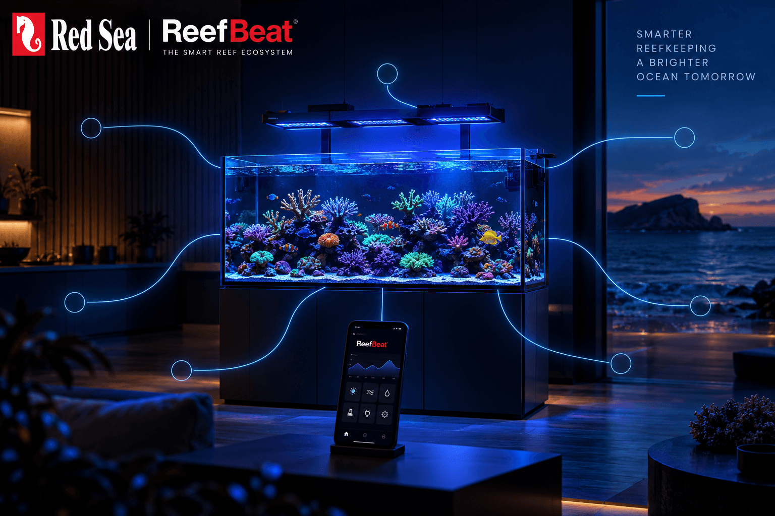 Reef akvárium propojené s chytrými zařízeními Red Sea přes aplikaci ReefBeat